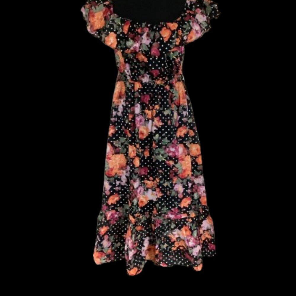 Grace Elements size Large 100% cotton floral midi Dress BlackMulti NWT